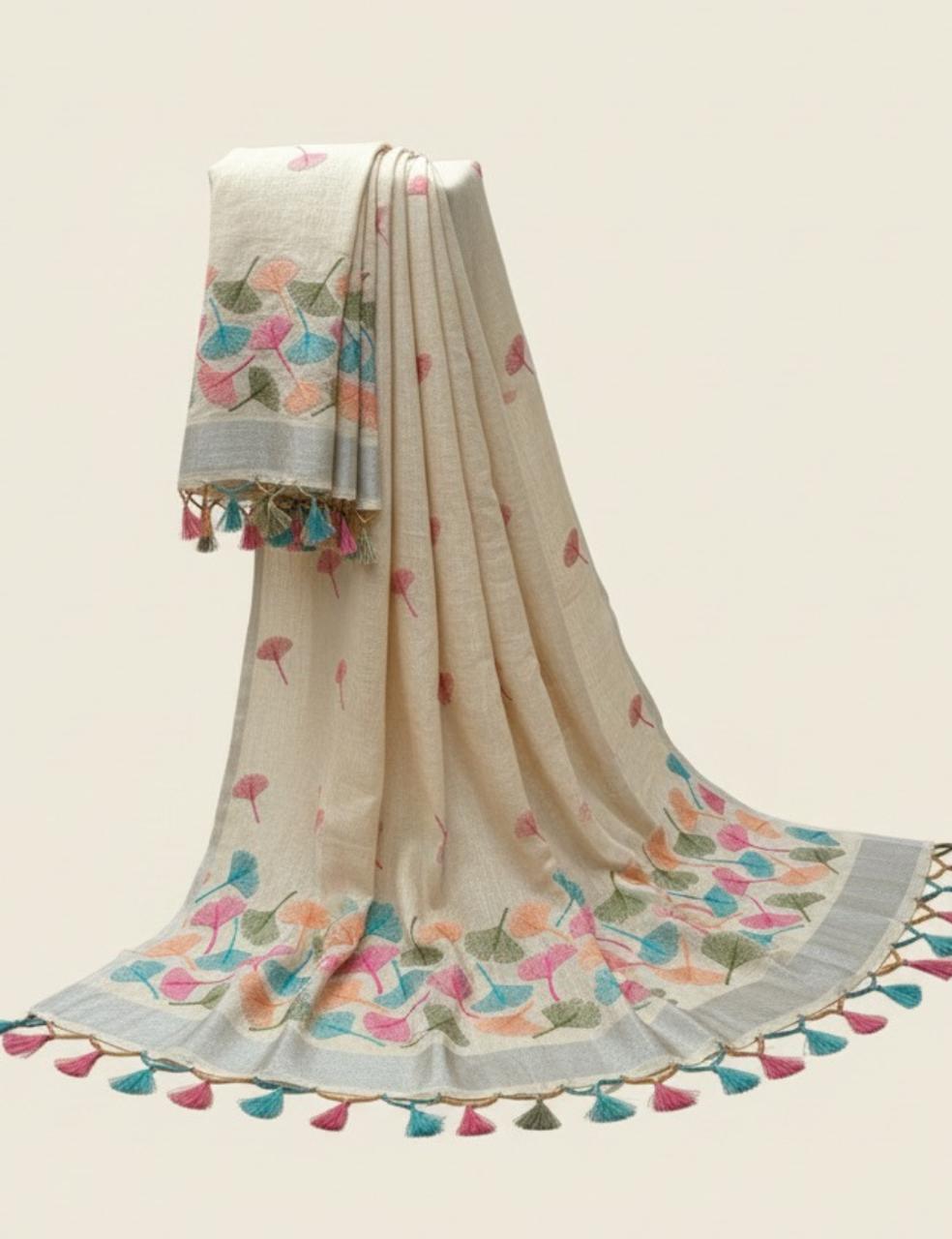🌸 Elegant White Saree with Multicolor Leaf Embroidery 🍃✨