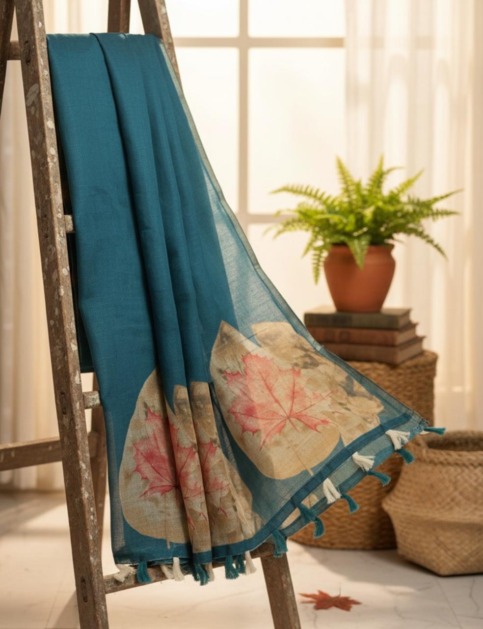 "Graceful Teal Saree with Pastel Floral Charm 🌿🌺 | Lightweight & Timeless Elegance"