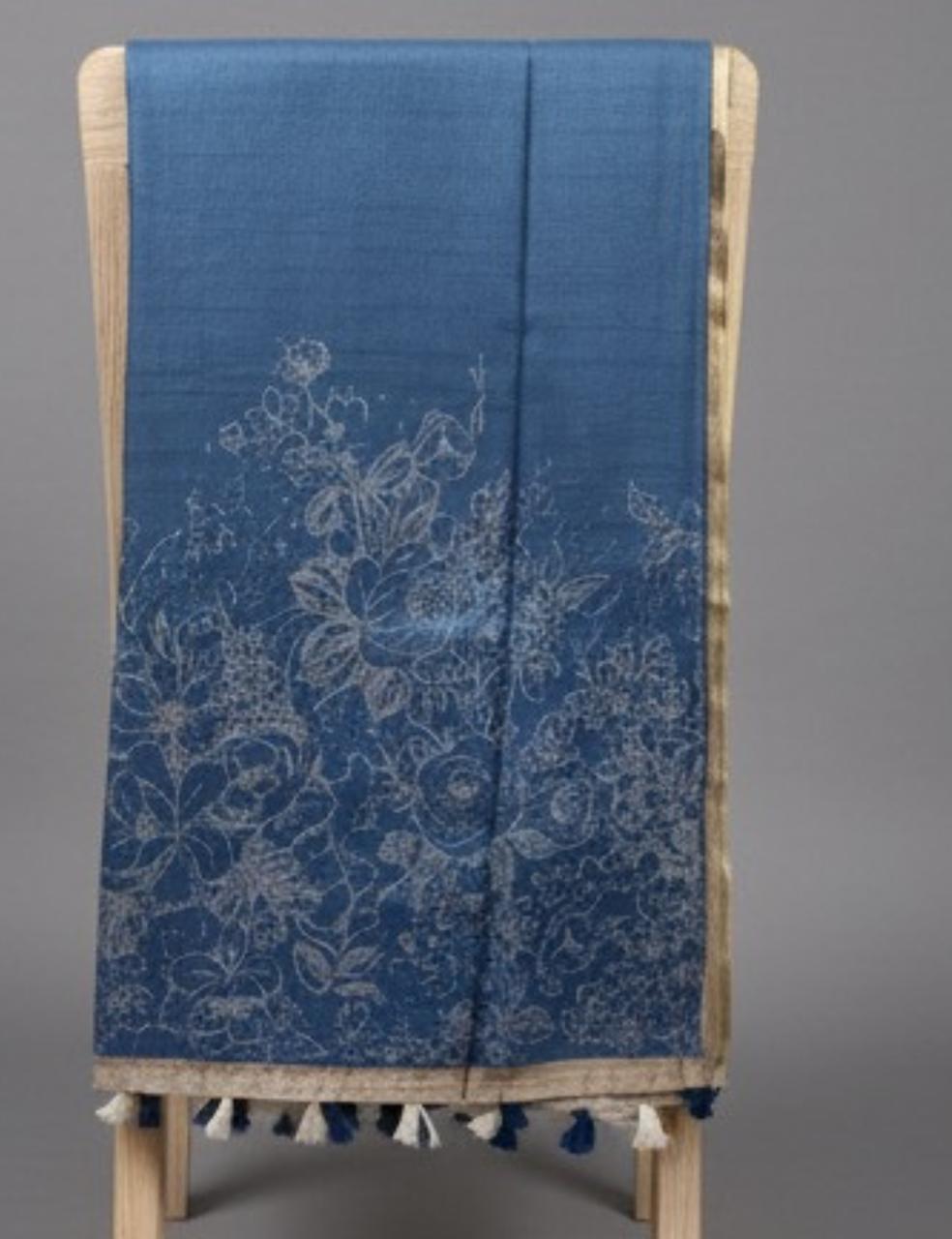 Royal Blue Jute Silk Saree with Golden Border & Floral Weave 🌸✨