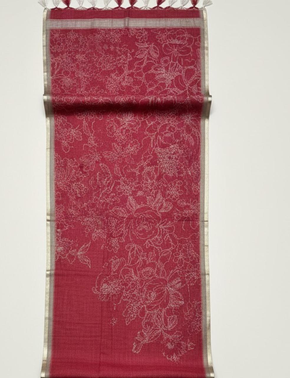 Classic Red Jute Silk Saree with Floral Weave 🌹✨