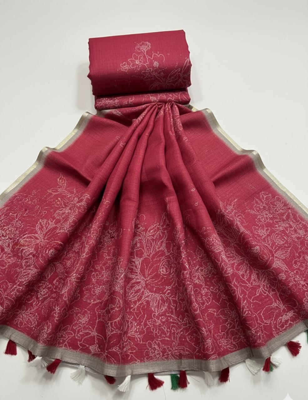 Classic Red Jute Silk Saree with Floral Weave 🌹✨
