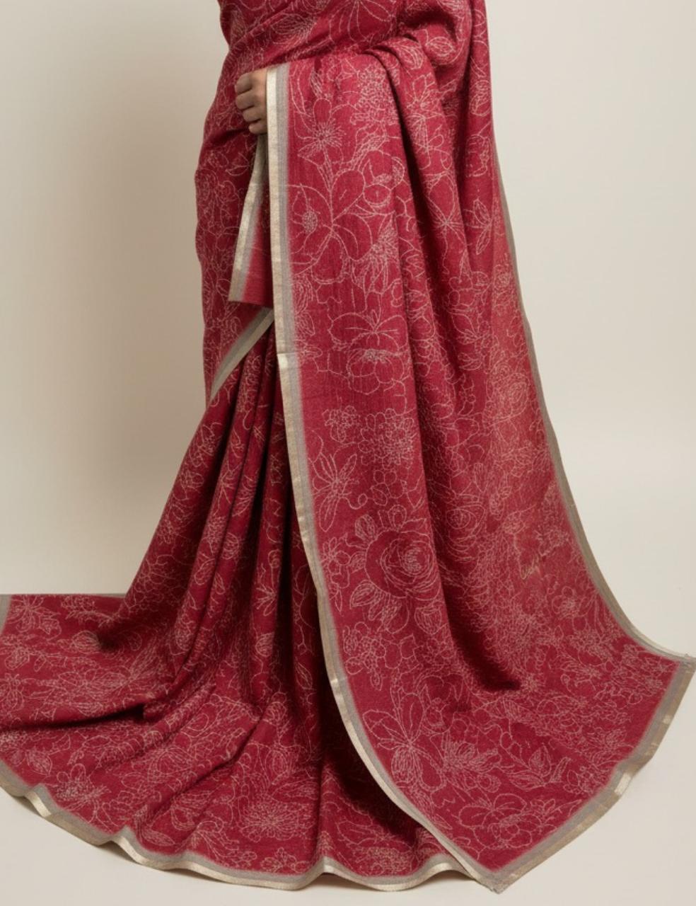 Classic Red Jute Silk Saree with Floral Weave 🌹✨