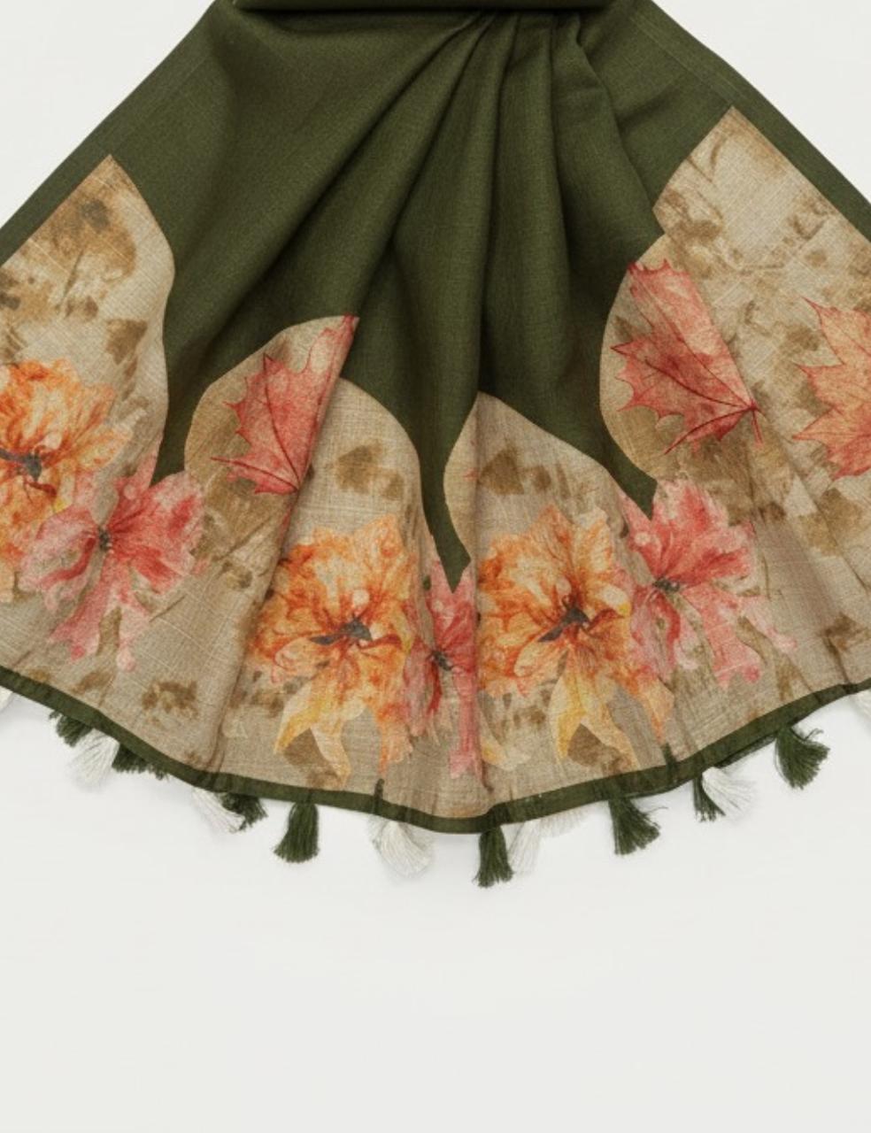 Olive Green Jute Silk Saree with Bold Floral Prints & Tassel Finish 🌿🌸