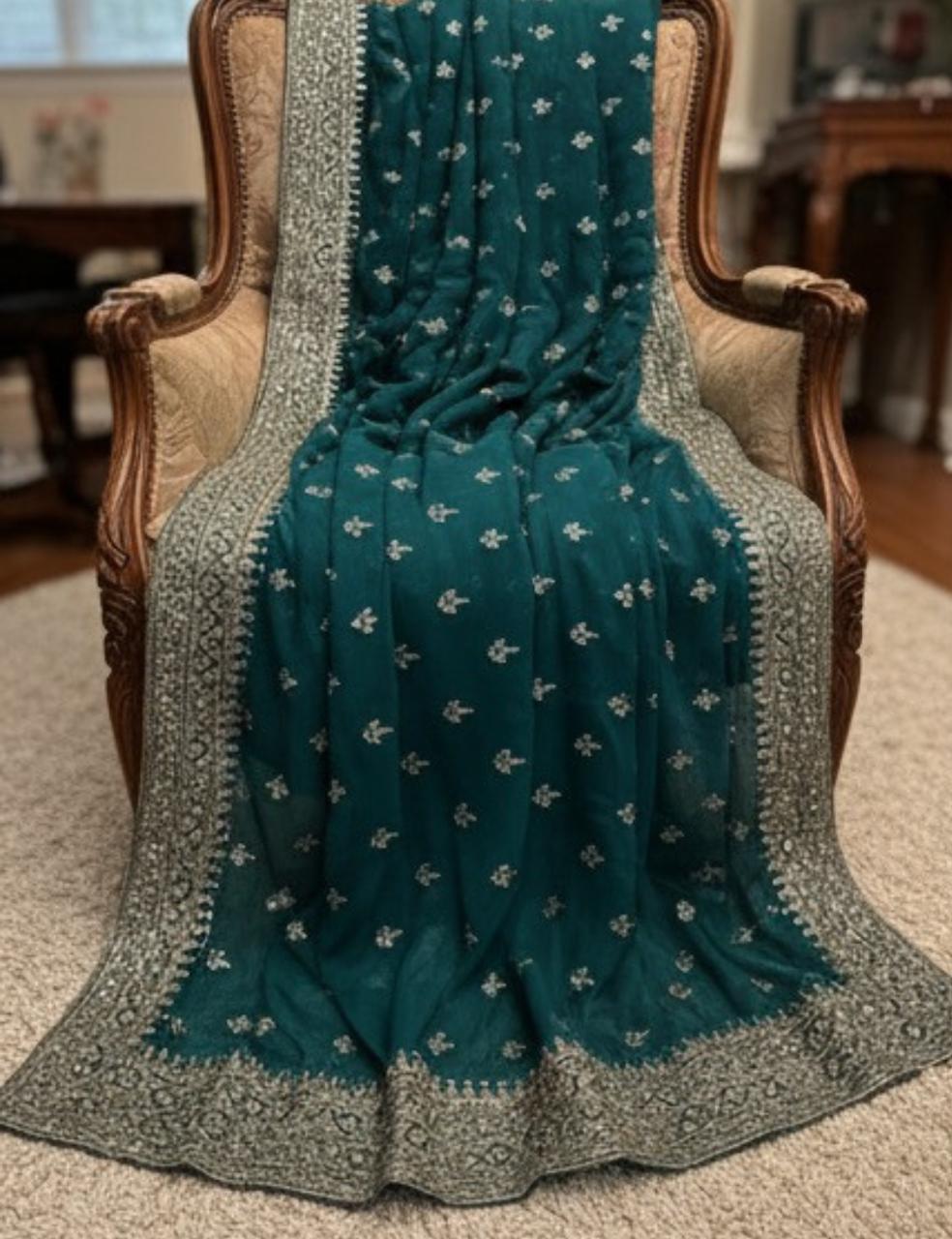 DARK TEAL GREEN PARTY WEAR SAREE WITH HEAVY SILVER EMBROIDERY BORDER ✨