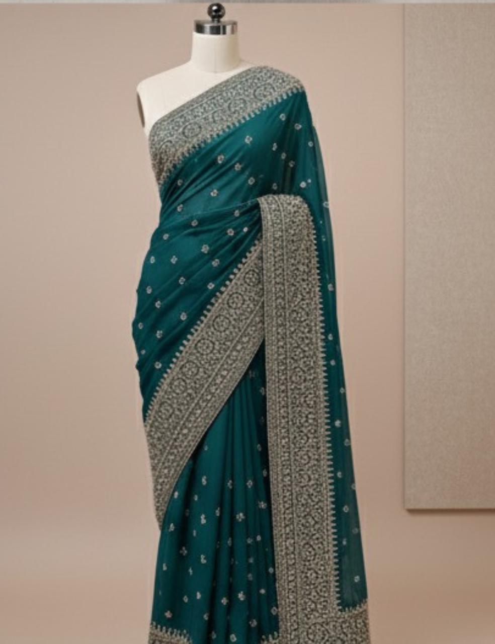 DARK TEAL GREEN PARTY WEAR SAREE WITH HEAVY SILVER EMBROIDERY BORDER ✨