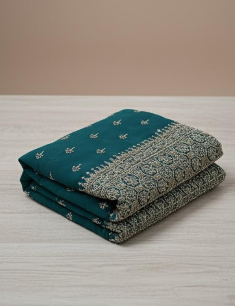 DARK TEAL GREEN PARTY WEAR SAREE WITH HEAVY SILVER EMBROIDERY BORDER ✨
