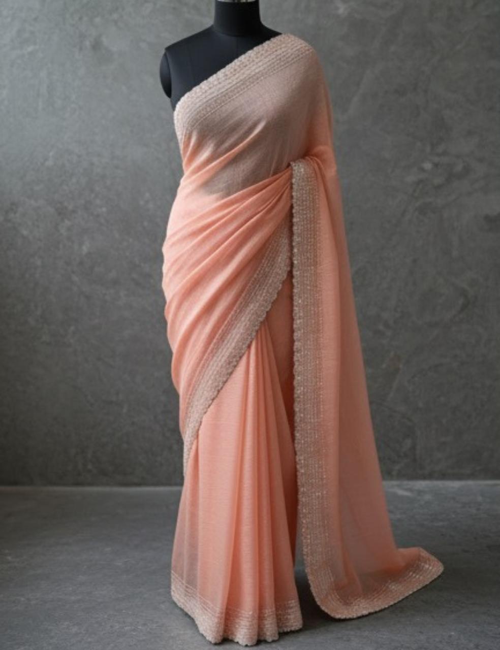 Peach Silk Saree with Silver Stone Border Work ✨
