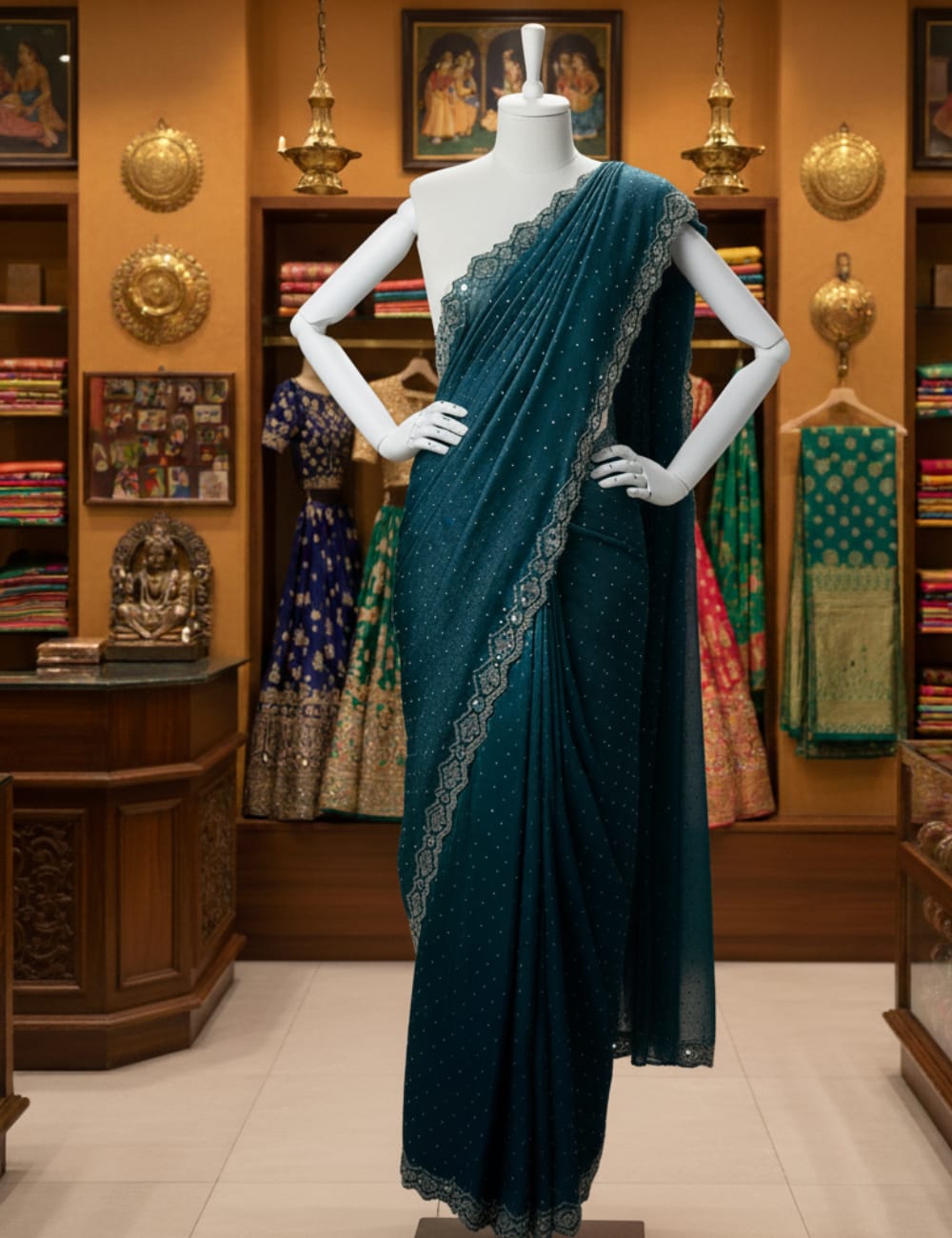 DEEP TEAL GREEN PARTY WEAR SAREE WITH STONE & MIRROR WORK BORDER ✨