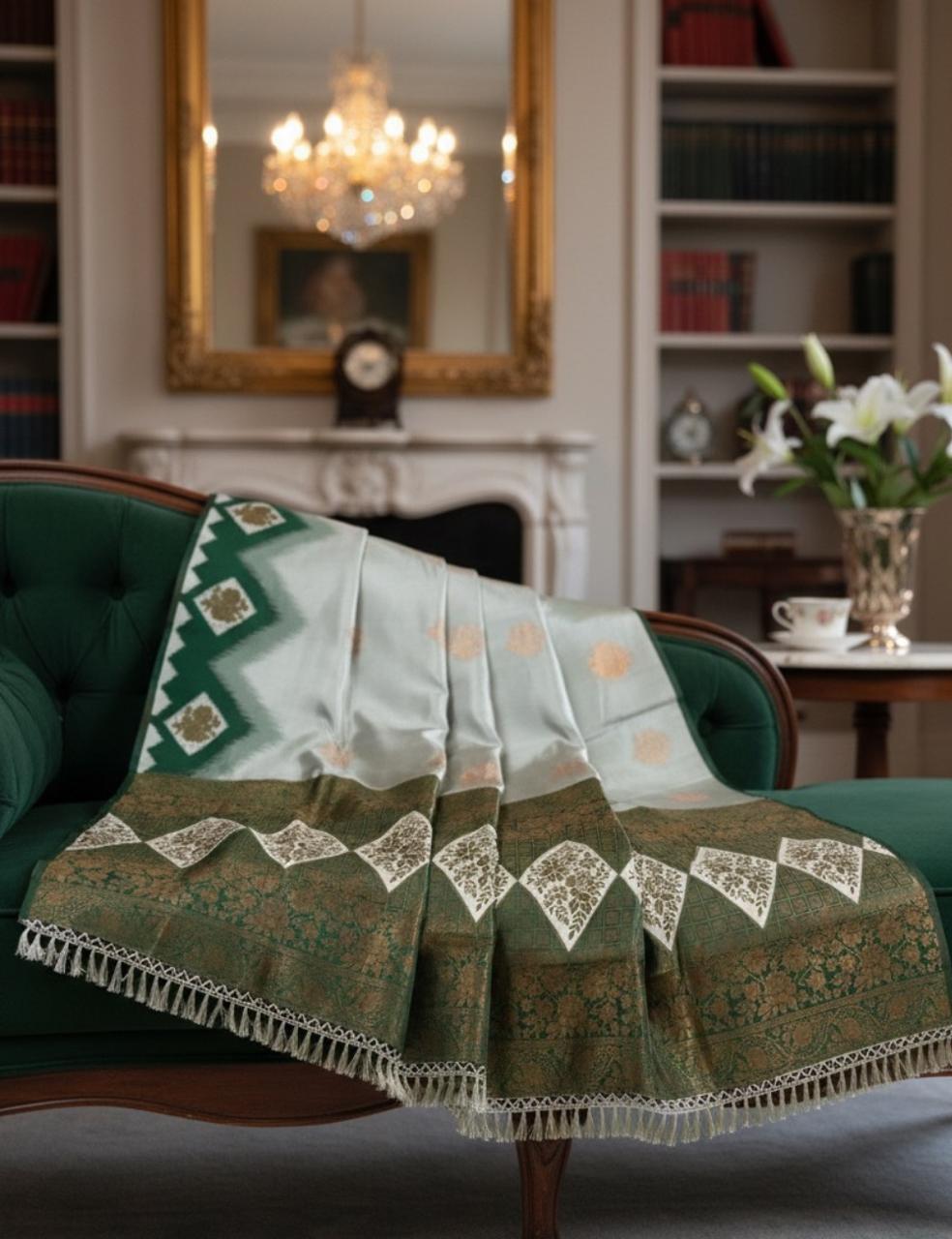 Premium Green Silk Saree with Golden Weaves & Diamond Floral Motifs