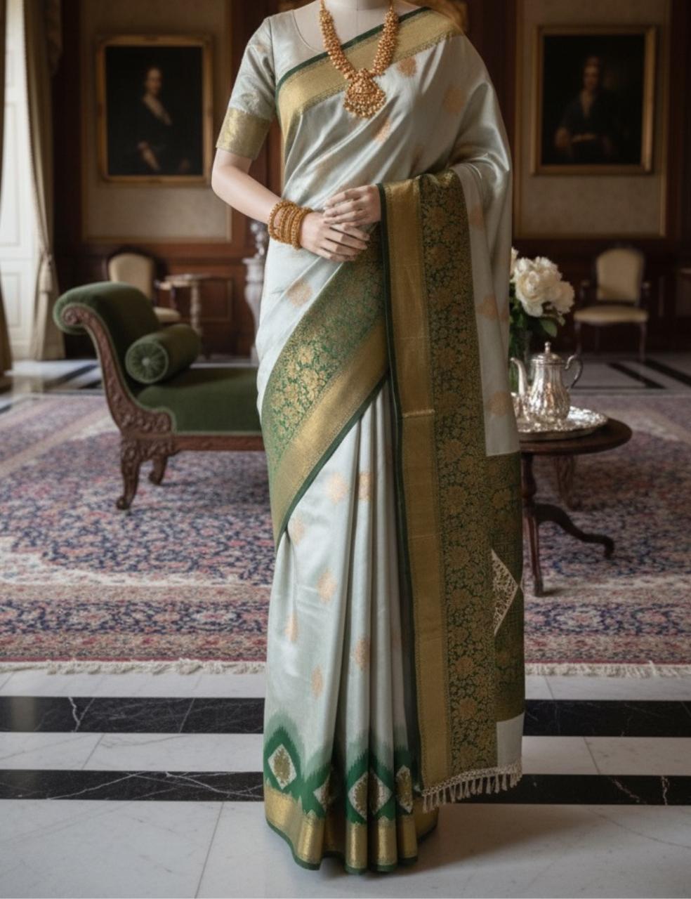 Premium Green Silk Saree with Golden Weaves & Diamond Floral Motifs