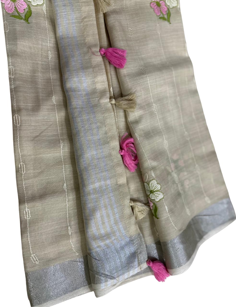 Elegant Beige Saree with Floral Embroidery & Tassels