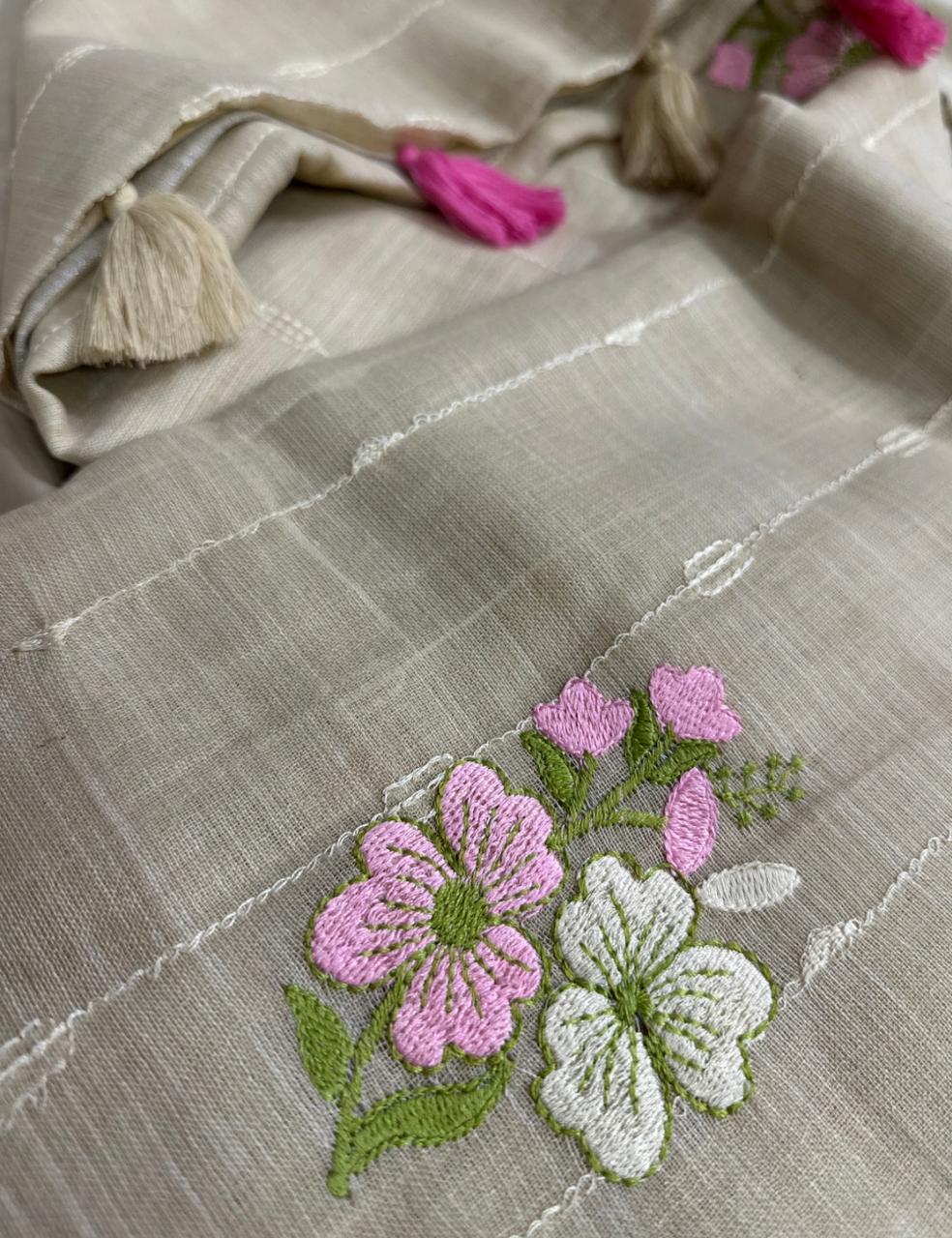 Elegant Beige Saree with Floral Embroidery & Tassels