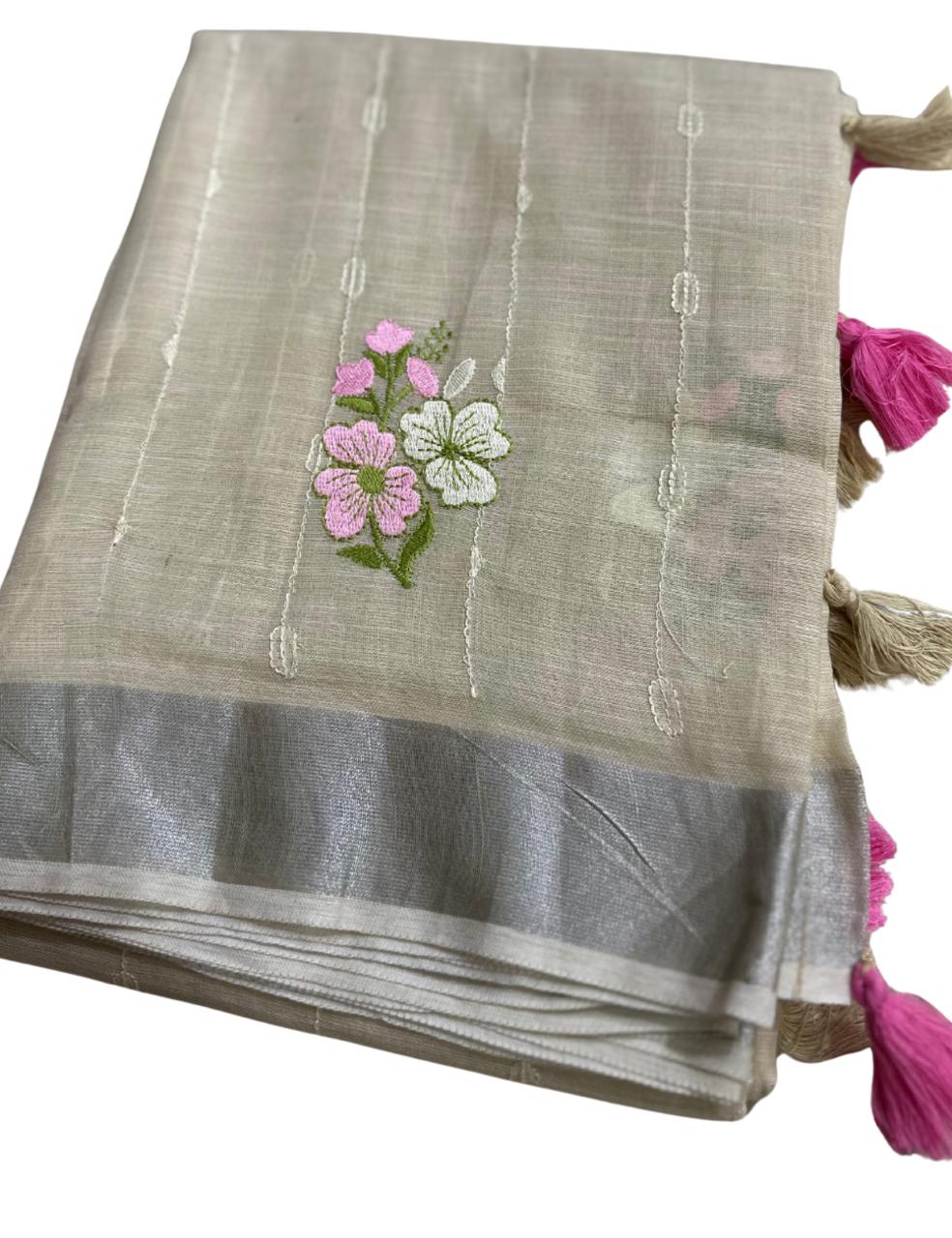 Elegant Beige Saree with Floral Embroidery & Tassels