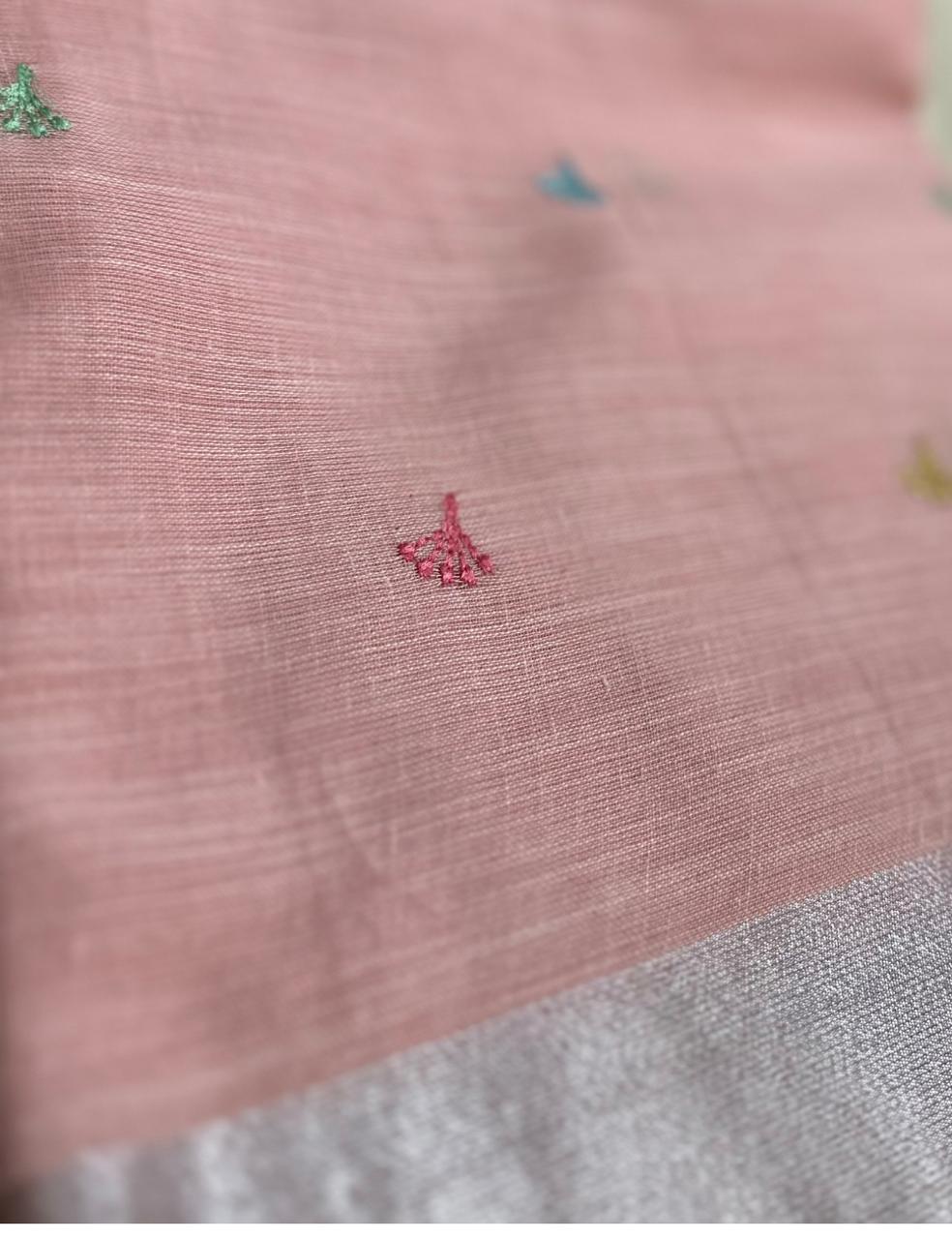 “ Pink Handloom Fabric with Colorful Embroidered Motifs ”