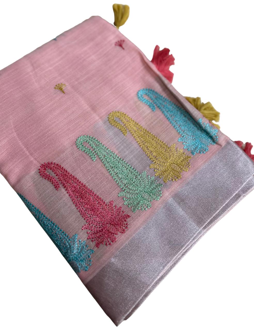 “ Pink Handloom Fabric with Colorful Embroidered Motifs ”