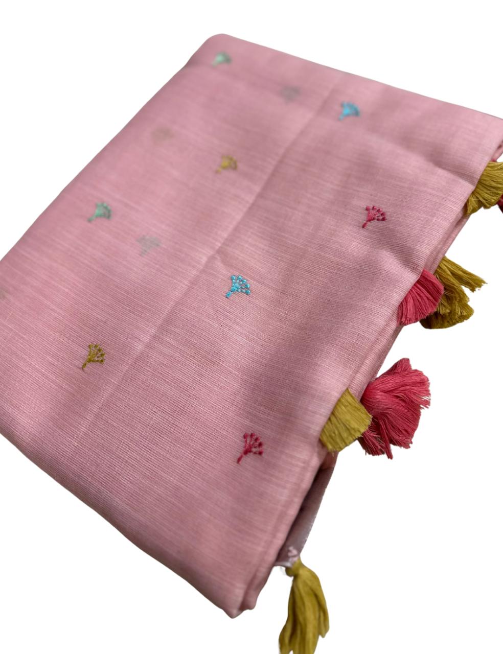 “ Pink Handloom Fabric with Colorful Embroidered Motifs ”