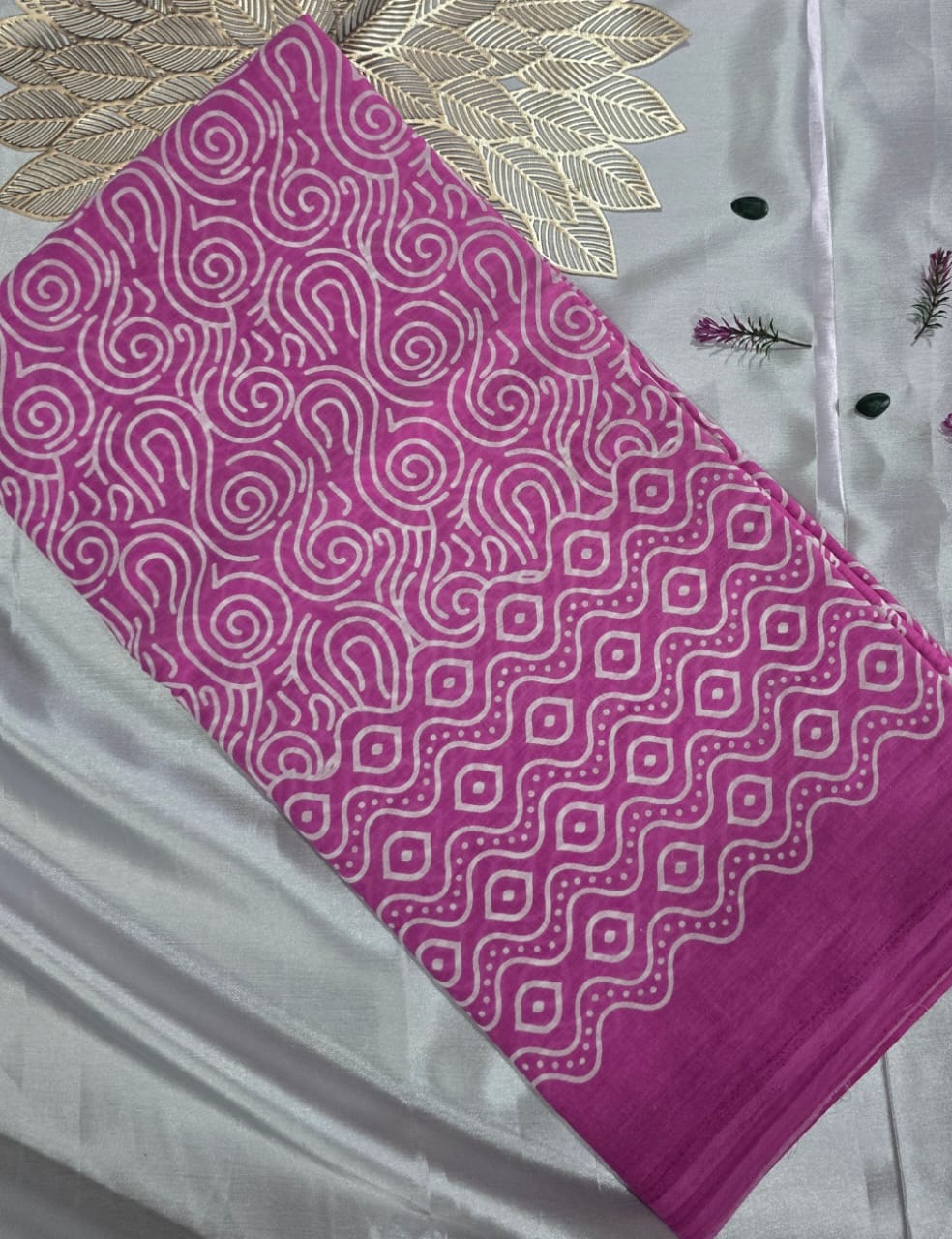 Pure Mulmul Cotton | White Handblock Floral & Swirl Print | Bright Pink Base | Soft, Lightweight & Breezy