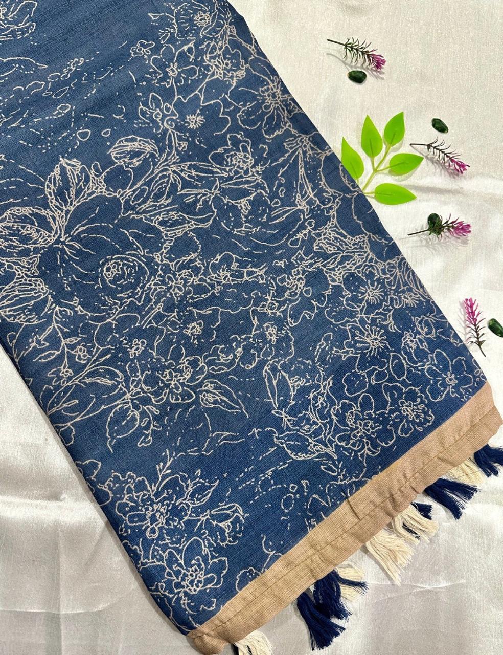 Royal Blue Jute Silk Saree with Golden Border & Floral Weave