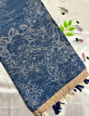 Royal Blue Jute Silk Saree with Golden Border & Floral Weave