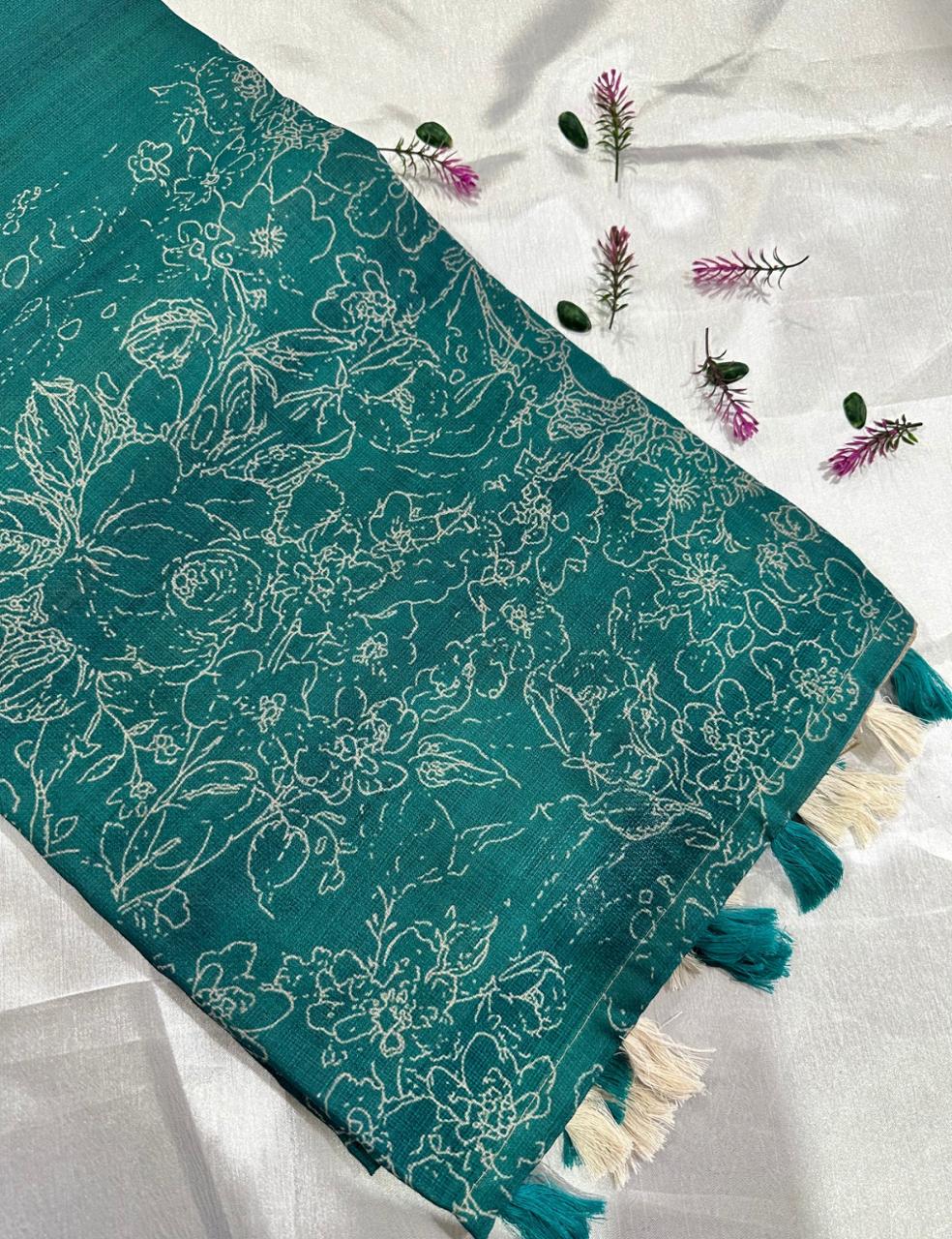 Teal Green Jute Silk Saree with Golden Border & Floral Weave