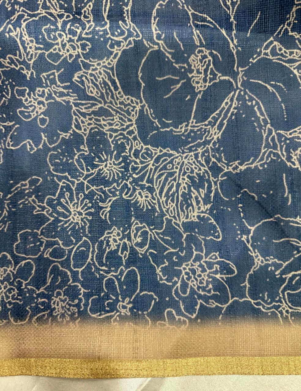 Royal Blue Jute Silk Saree with Golden Border & Floral Weave