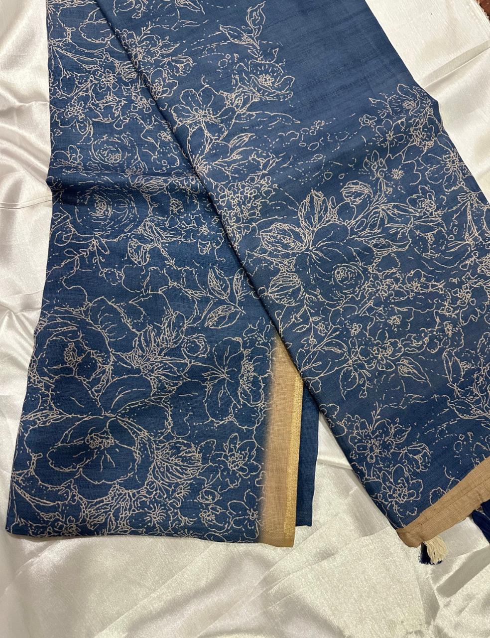 Royal Blue Jute Silk Saree with Golden Border & Floral Weave