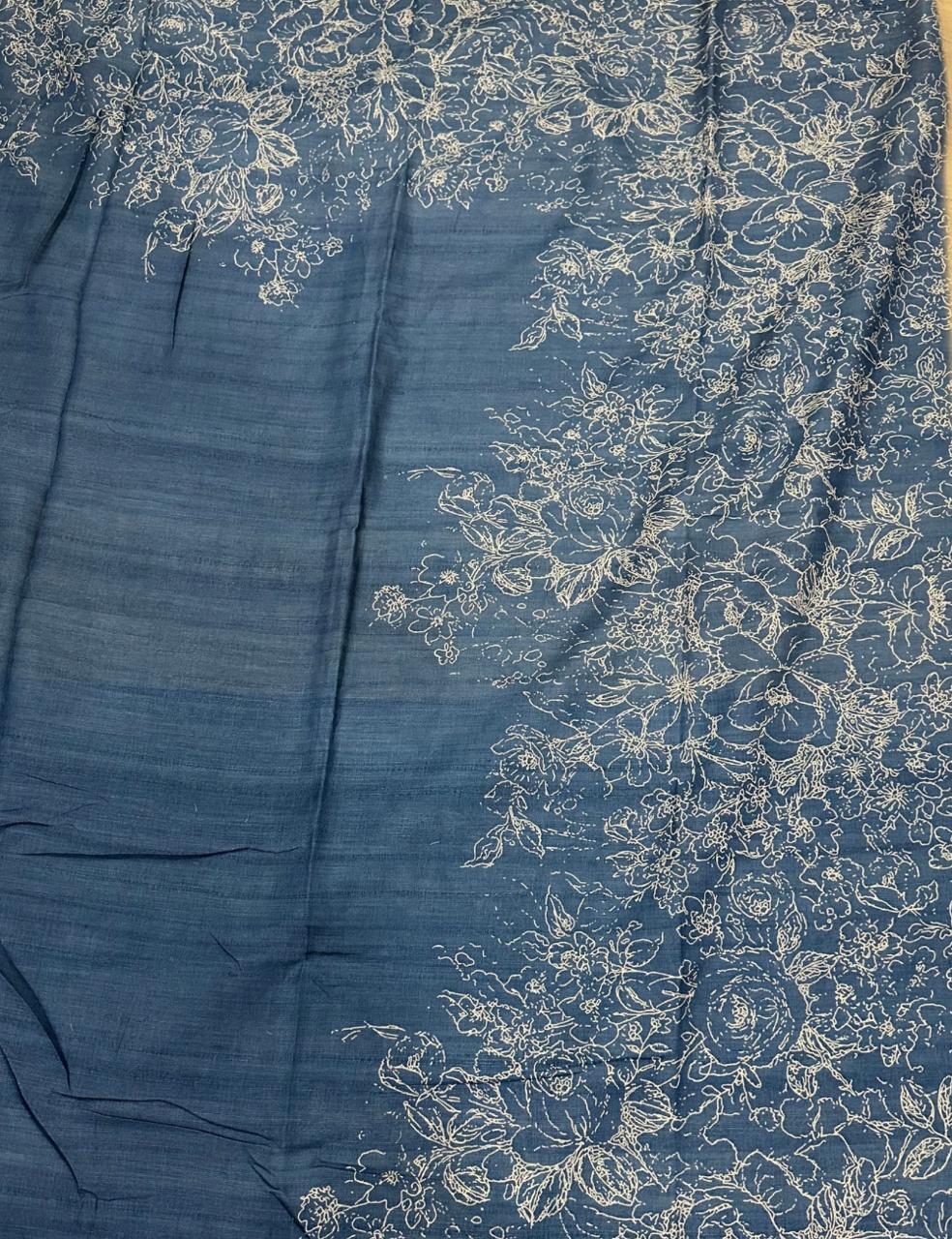 Royal Blue Jute Silk Saree with Golden Border & Floral Weave