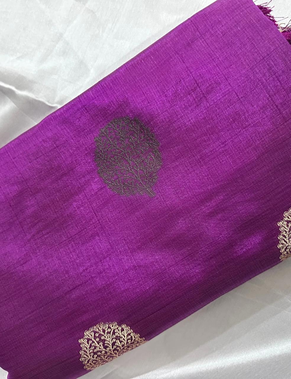 Royal Purple Tussar Silk Saree with Dual Leaf Block Prints & Contrast Border