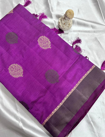 Royal Purple Tussar Silk Saree with Dual Leaf Block Prints & Contrast Border