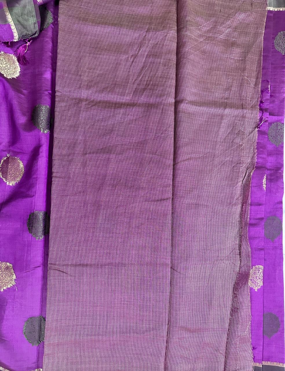 Royal Purple Tussar Silk Saree with Dual Leaf Block Prints & Contrast Border