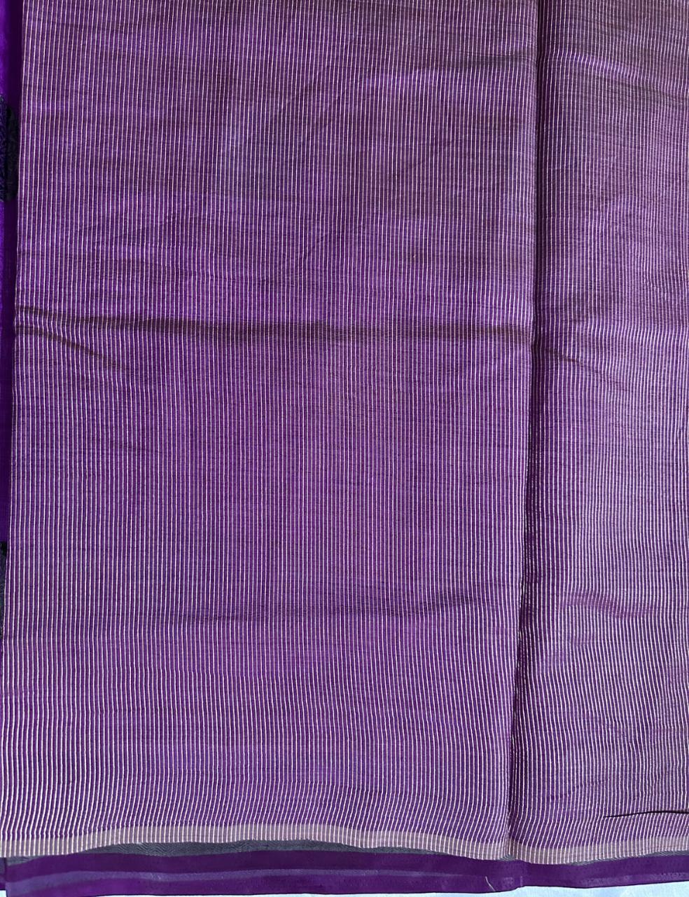 Royal Purple Tussar Silk Saree with Dual Leaf Block Prints & Contrast Border