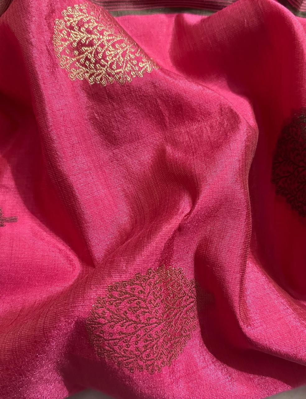 Elegant Fuchsia Pink Pure Tussar Silk Saree With Intricate Zari Buta and Tassel Detailing