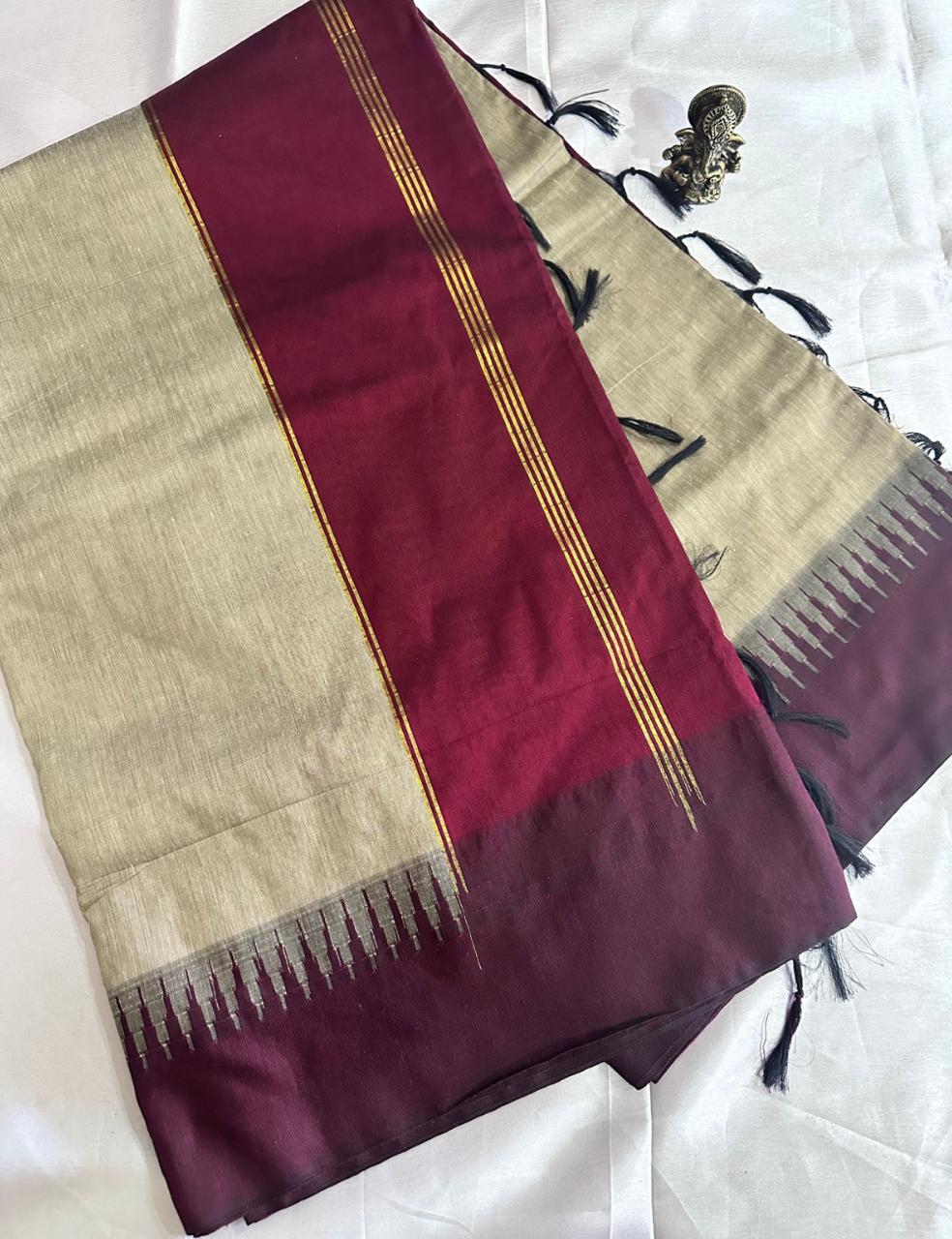 Grey and Wine Kalyani Cotton Saree with Traditional Temple Border