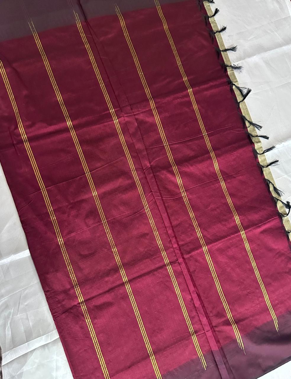 Grey and Wine Kalyani Cotton Saree with Traditional Temple Border