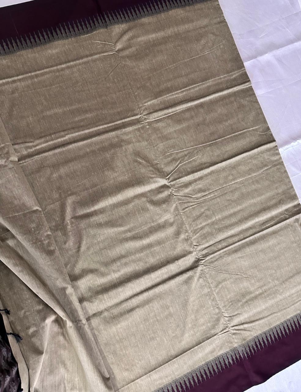 Grey and Wine Kalyani Cotton Saree with Traditional Temple Border