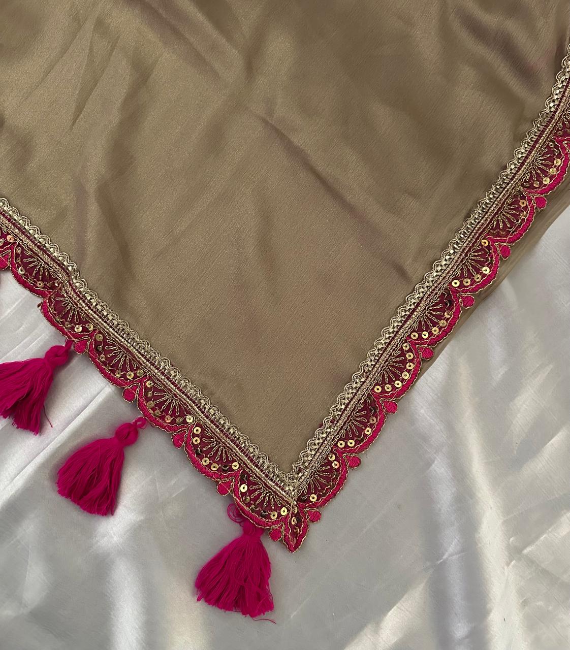 Beige Tissue Silk Saree with Magenta Pink Blouse & Designer Lace Border