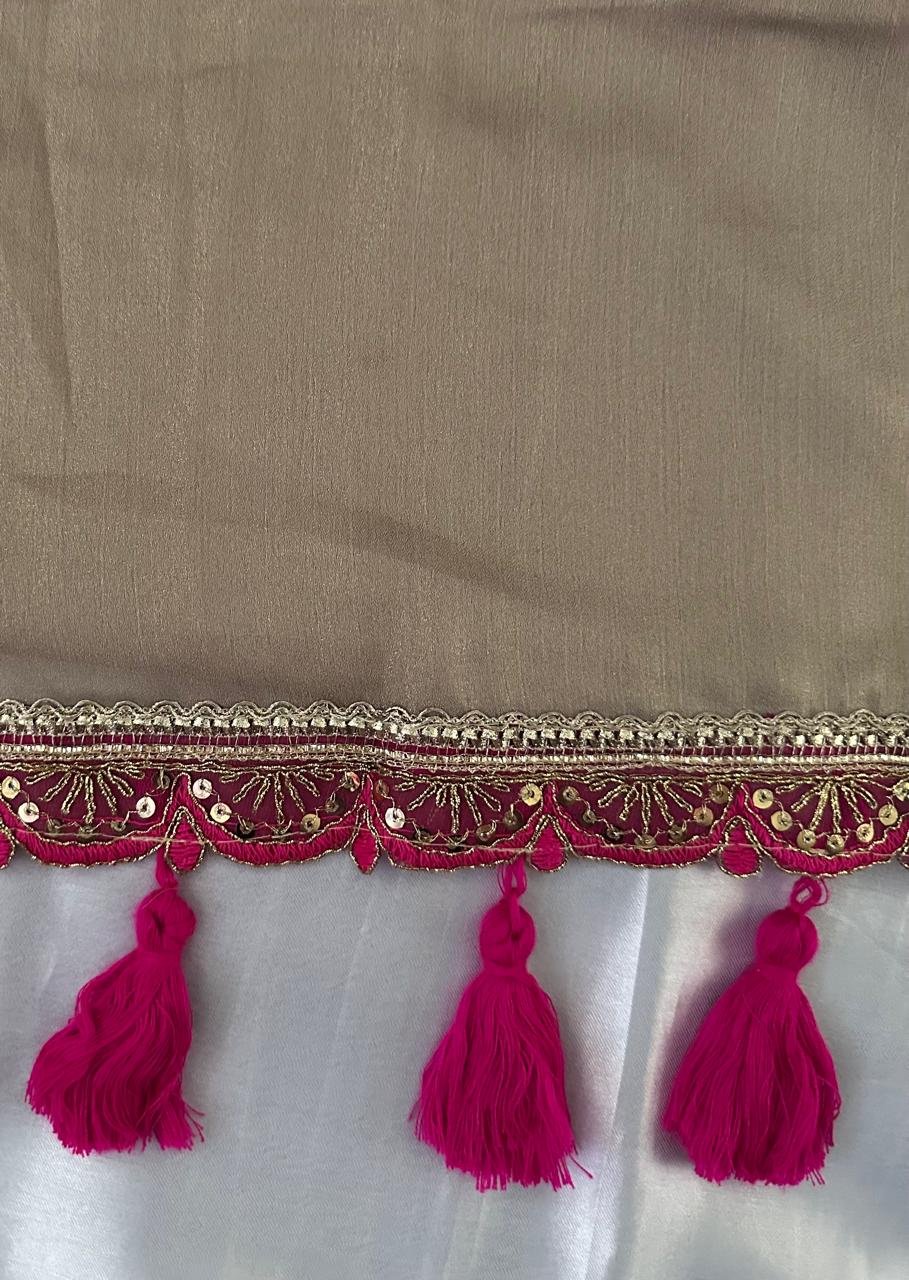 Beige Tissue Silk Saree with Magenta Pink Blouse & Designer Lace Border