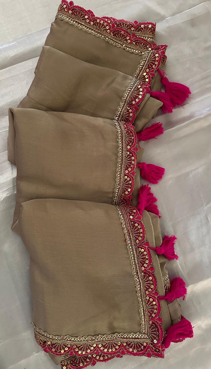 Beige Tissue Silk Saree with Magenta Pink Blouse & Designer Lace Border