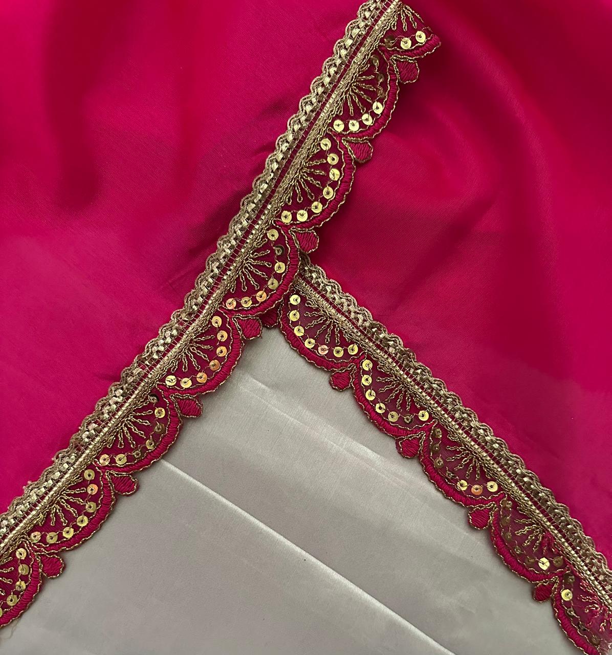 Beige Tissue Silk Saree with Magenta Pink Blouse & Designer Lace Border