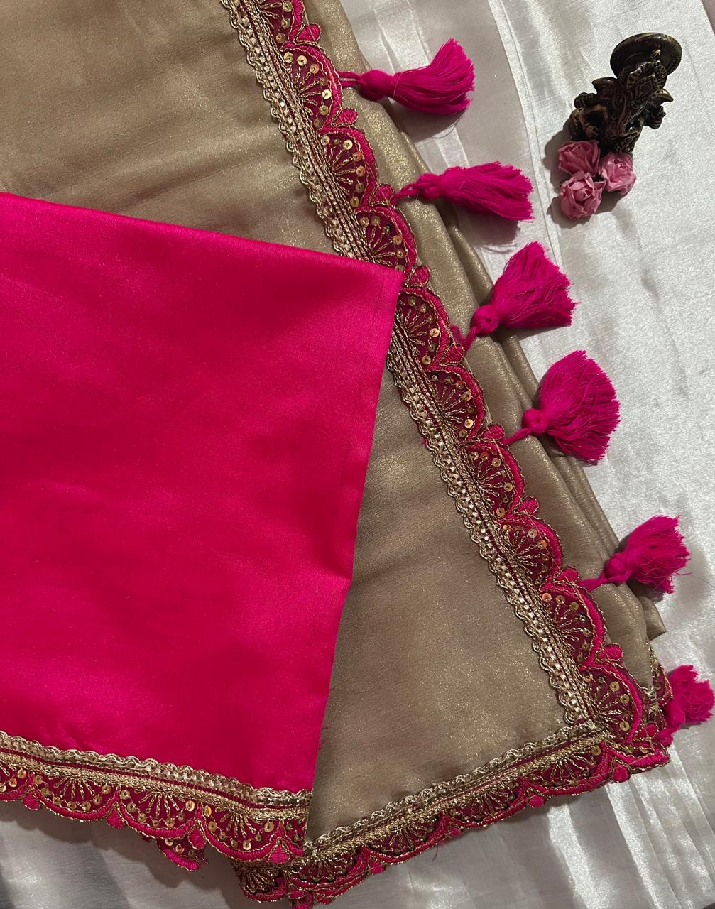 Beige Tissue Silk Saree with Magenta Pink Blouse & Designer Lace Border