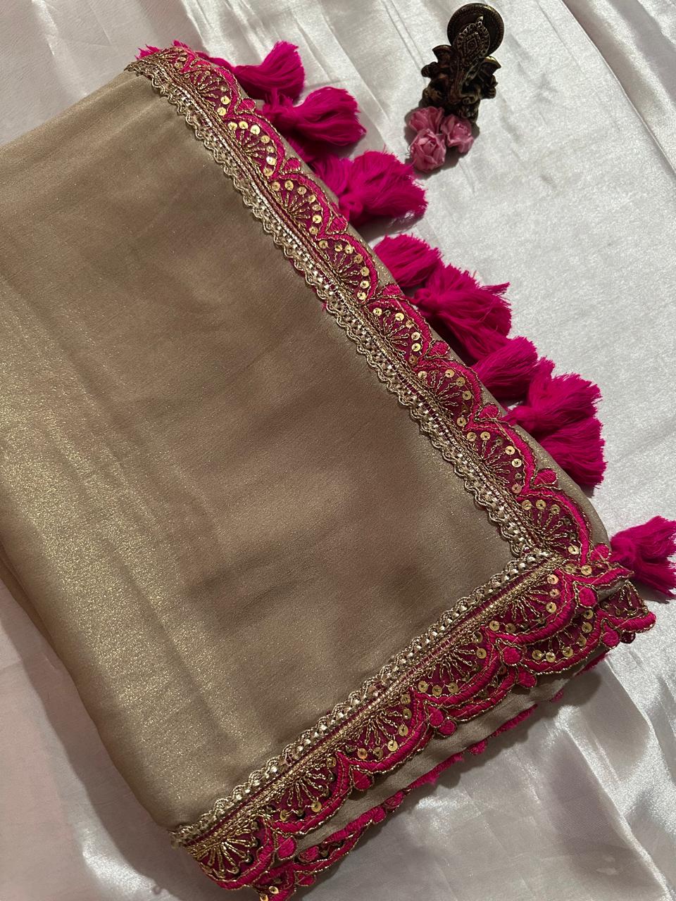 Beige Tissue Silk Saree with Magenta Pink Blouse & Designer Lace Border