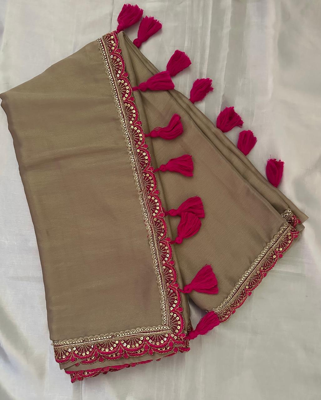 Beige Tissue Silk Saree with Magenta Pink Blouse & Designer Lace Border