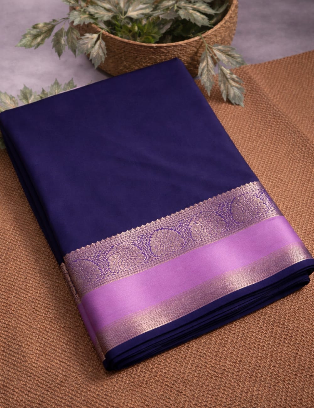 “Graceful Blue Crepe Silk Saree with Lavender Border”