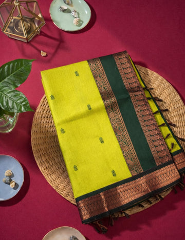 Parrot Green and Bottle Green Kalyani Cotton Saree with Copper Zari Peacock Border